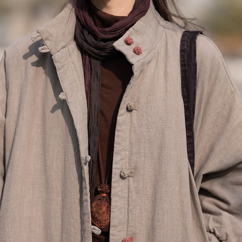 Buddha Stones Winter Solid Frog-Button Ramie Cotton Women's Long Sleeve Thermal Coat With Pockets - image 33