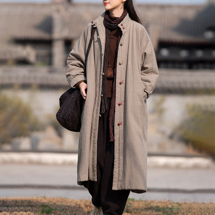 Buddha Stones Winter Solid Frog-Button Ramie Cotton Women's Long Sleeve Thermal Coat With Pockets - image 27