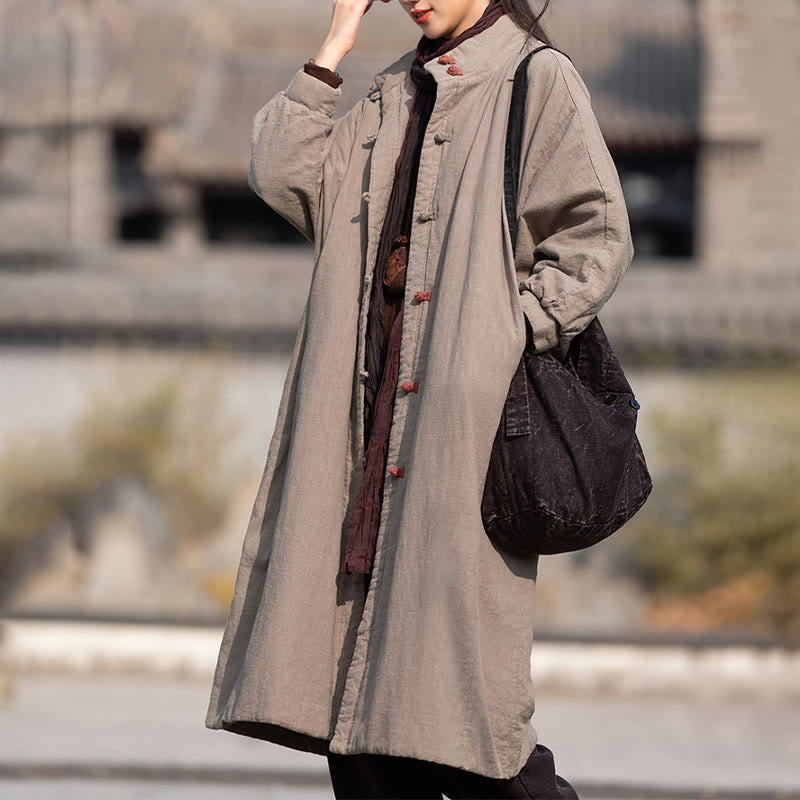 Buddha Stones Winter Solid Frog-Button Ramie Cotton Women's Long Sleeve Thermal Coat With Pockets - image 31