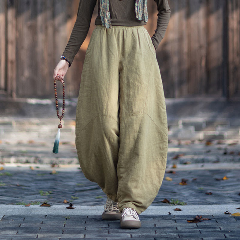 Buddha Stones Winter Elastic Waist Ramie Cotton Thermal Women's Pants With Pockets - image 5