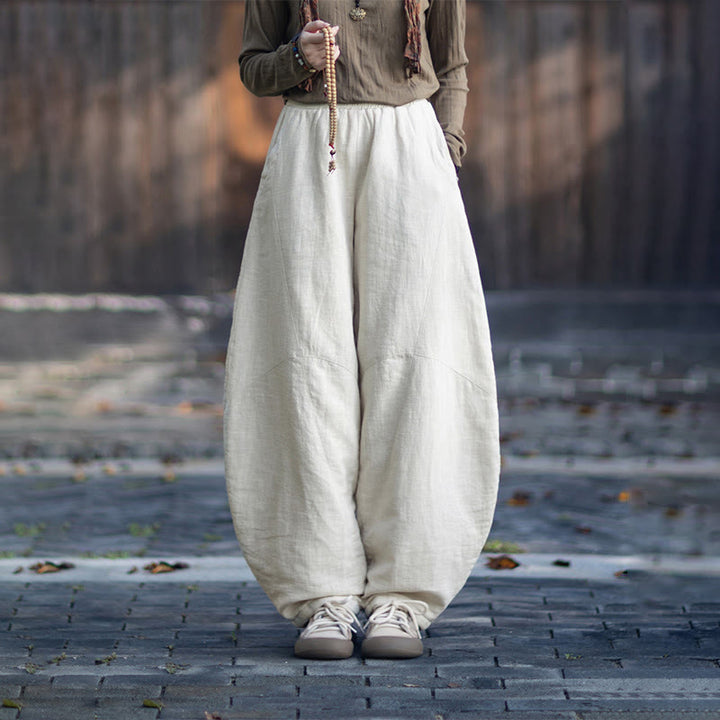 Buddha Stones Winter Elastic Waist Ramie Cotton Thermal Women's Pants With Pockets - image 11