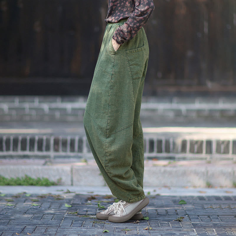 Buddha Stones Winter Elastic Waist Ramie Cotton Thermal Women's Pants With Pockets - image 30