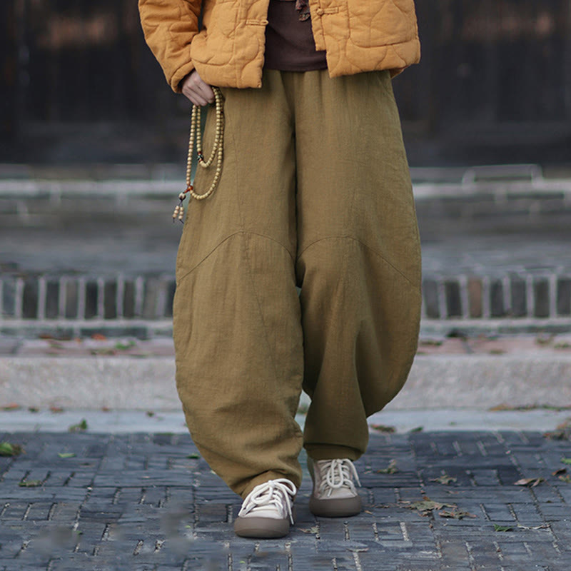 Buddha Stones Winter Elastic Waist Ramie Cotton Thermal Women's Pants With Pockets - image 38