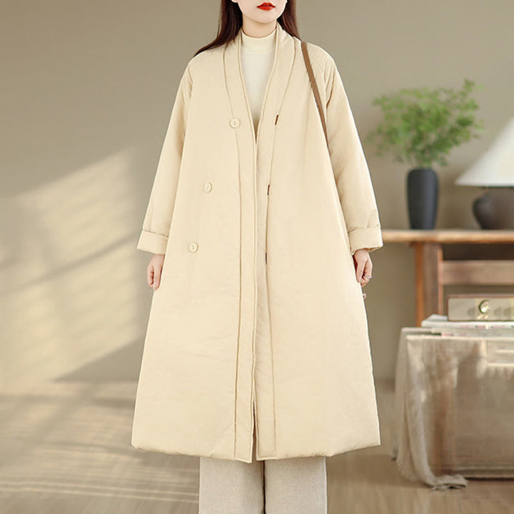 Buddha Stones Winter V-Neck Buttons Long Sleeve Thermal Women's Cotton Coat With Pockets - image 14