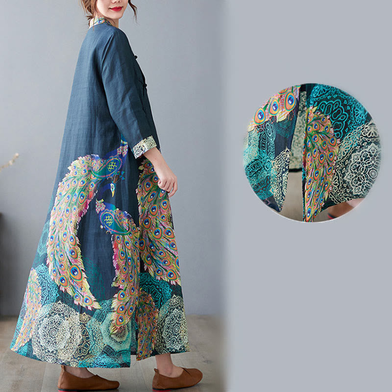 Buddha Stones Fall Colorful Peacocks Mandala Frog-Button Three Quarter Sleeve Cotton Women's Midi Dress - image 10