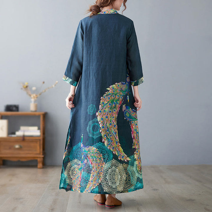 Buddha Stones Fall Colorful Peacocks Mandala Frog-Button Three Quarter Sleeve Cotton Women's Midi Dress - image 3