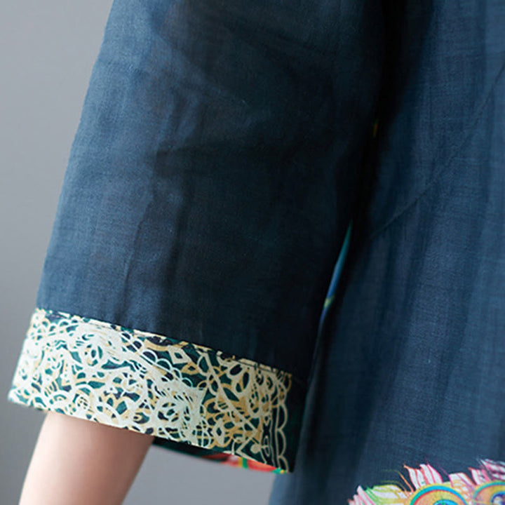 Buddha Stones Fall Colorful Peacocks Mandala Frog-Button Three Quarter Sleeve Cotton Women's Midi Dress - image 16