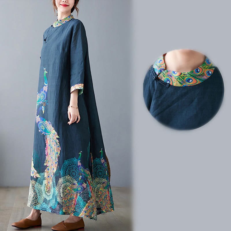 Buddha Stones Fall Colorful Peacocks Mandala Frog-Button Three Quarter Sleeve Cotton Women's Midi Dress - image 9