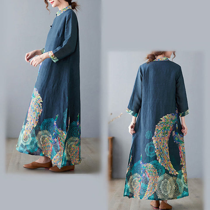 Buddha Stones Fall Colorful Peacocks Mandala Frog-Button Three Quarter Sleeve Cotton Women's Midi Dress - image 8