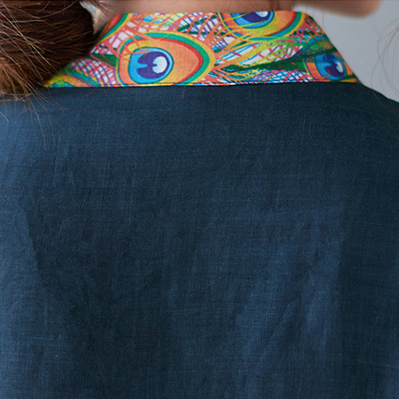 Buddha Stones Fall Colorful Peacocks Mandala Frog-Button Three Quarter Sleeve Cotton Women's Midi Dress - image 14