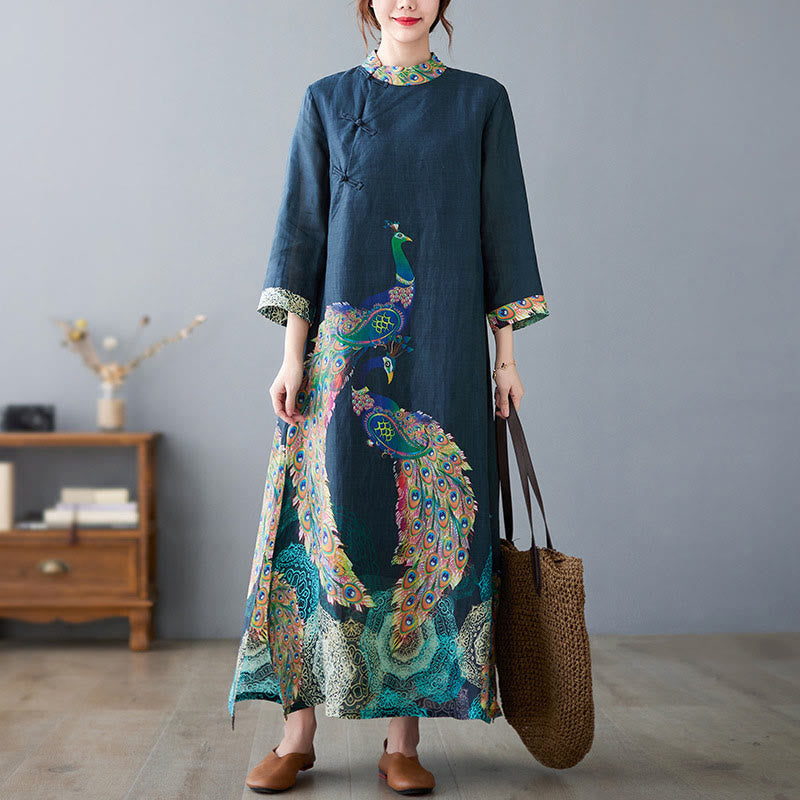 Buddha Stones Fall Colorful Peacocks Mandala Frog-Button Three Quarter Sleeve Cotton Women's Midi Dress - image 7