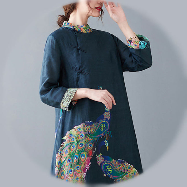 Buddha Stones Fall Colorful Peacocks Mandala Frog-Button Three Quarter Sleeve Cotton Women's Midi Dress - image 12