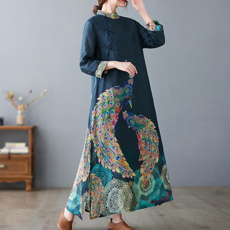 Buddha Stones Fall Colorful Peacocks Mandala Frog-Button Three Quarter Sleeve Cotton Women's Midi Dress - image 2
