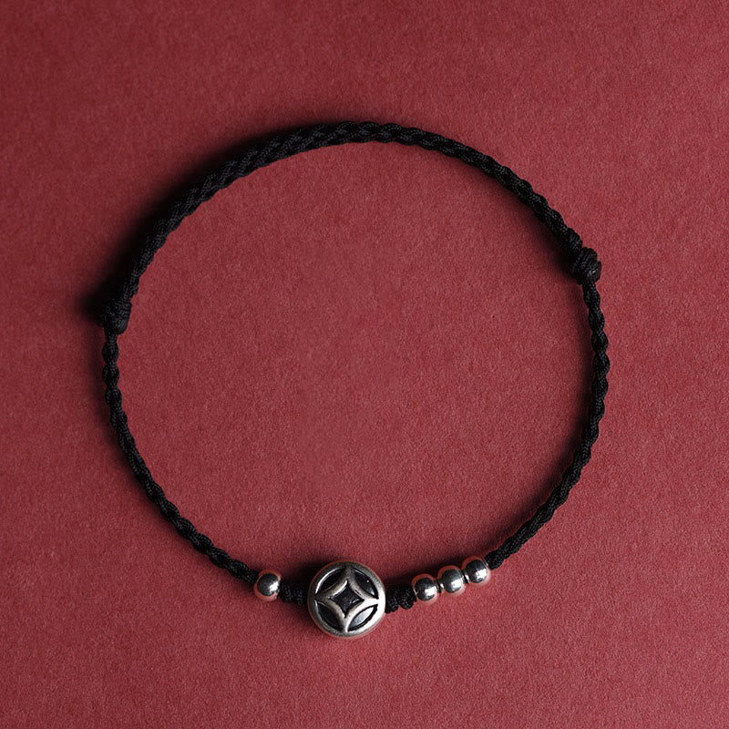 Buddha Stones 999 Sterling Silver Copper Coin Charm Handmade String Strength Bracelet Anklet - Black String Anklet(Circumference 22-30cm) - image 13