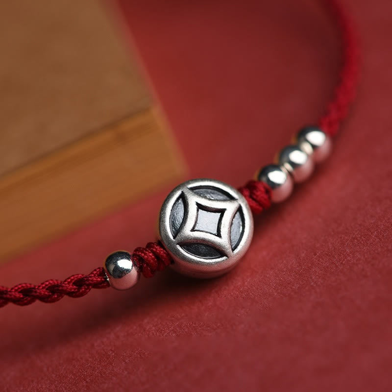 Buddha Stones 999 Sterling Silver Copper Coin Charm Handmade String Strength Bracelet Anklet - image 7
