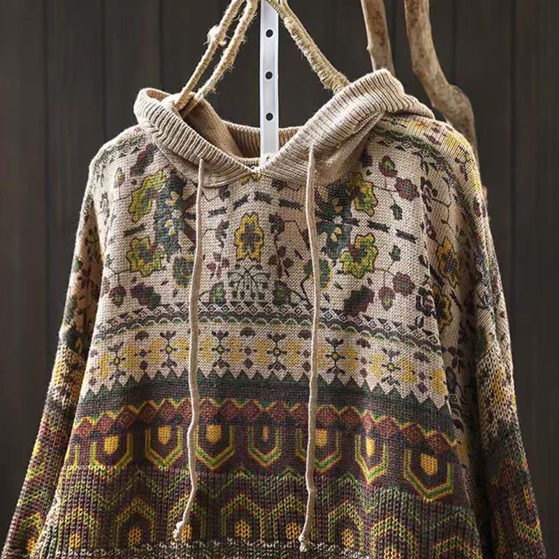 Buddha Stones Fall Striped Geometric Flowers Cotton Women's Long Sleeve Pullover Knitted Hoodie - image 1