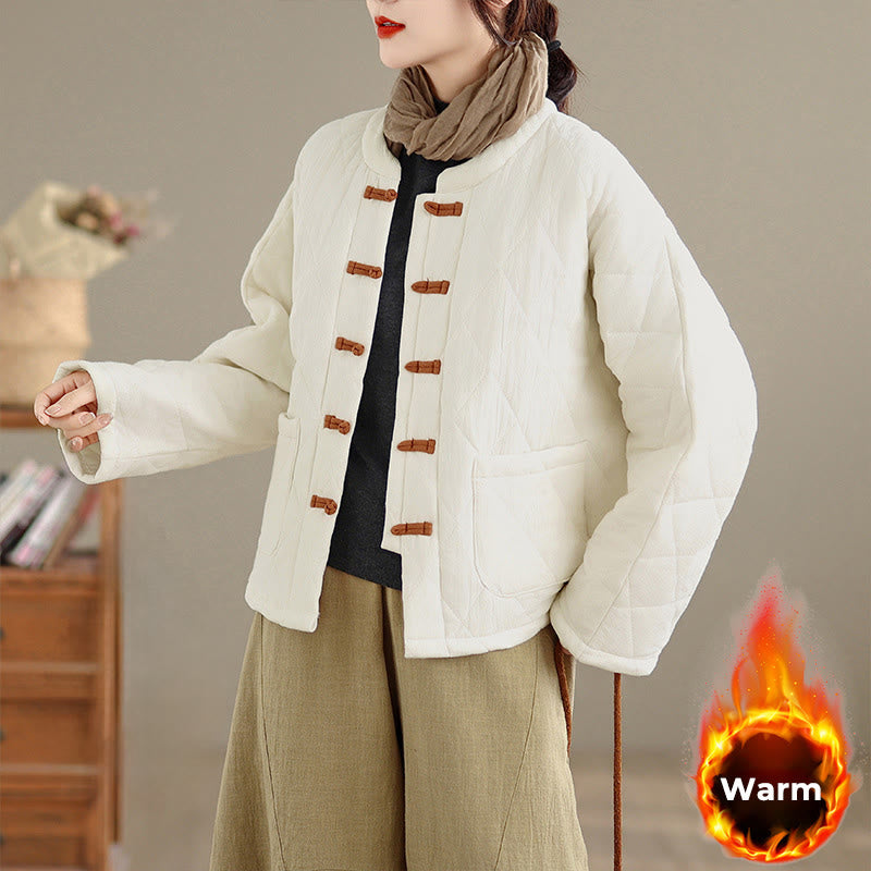 Buddha Stones Winter Frog-Button Diamond-shaped Lines Cotton Long Sleeve Women's Thermal Jacket With Pockets - Linen - US14，UK/AU18，EU46 (2XL) - image 16