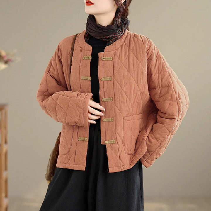 Buddha Stones Winter Frog-Button Diamond-shaped Lines Cotton Long Sleeve Women's Thermal Jacket With Pockets - SandyBrown - US14，UK/AU18，EU46 (2XL) - image 0