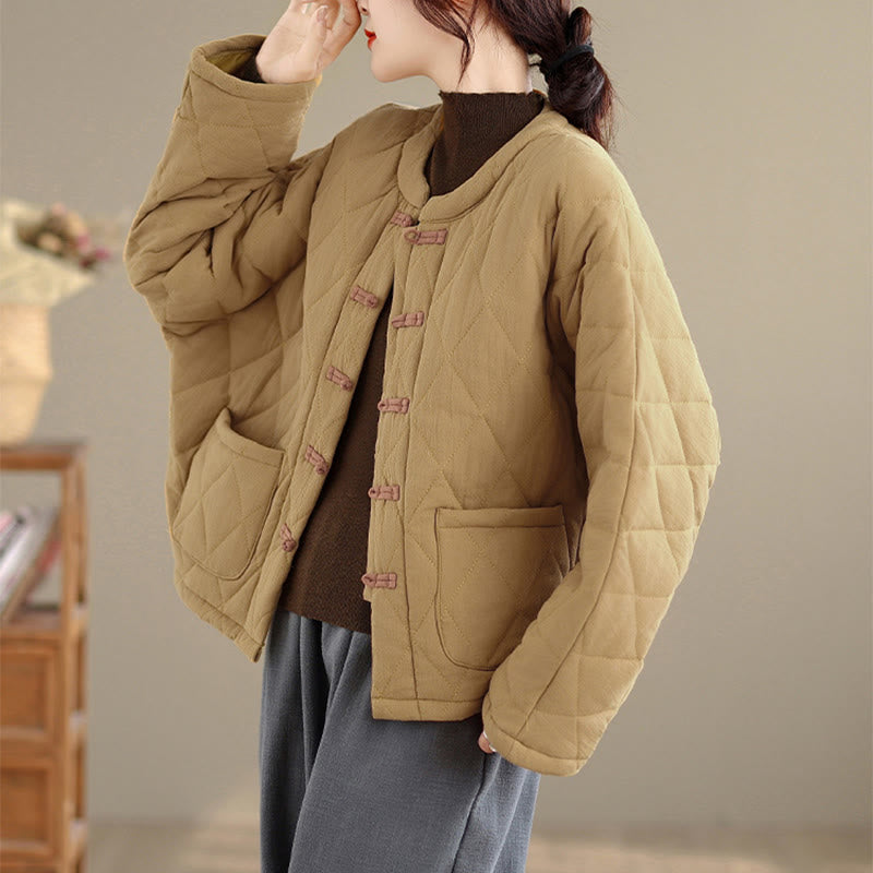 Buddha Stones Winter Frog-Button Diamond-shaped Lines Cotton Long Sleeve Women's Thermal Jacket With Pockets - image 9