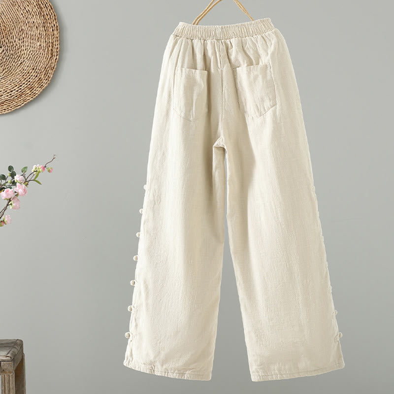 Buddha Stones Winter Elastic Waist Frog-Button Design Cotton Thermal Women's Straight Leg Pants With Pockets - image 8