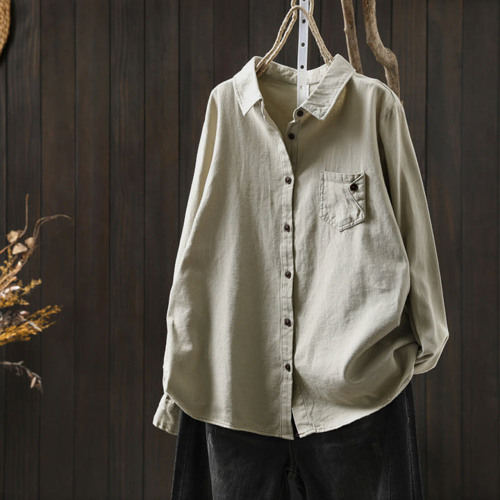 Buddha Stones Fall Buttons Down Pocket Decor Design Women's Stand Collar Long Sleeve Cotton Shirt - Beige - US6，UK/AU10，EU38 (L) - image 14