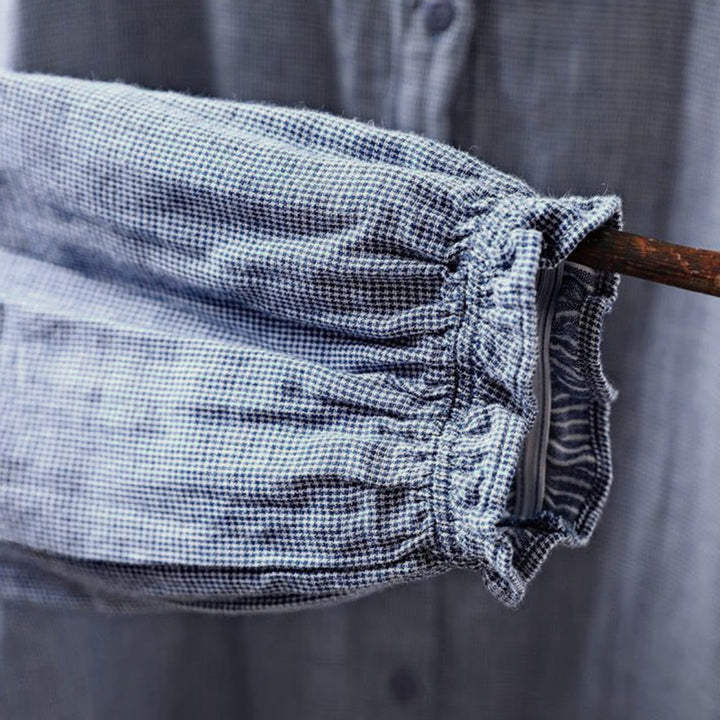 Buddha Stones Fall Small Plaid Button Down Ruffle Collar Long Sleeve Women's Cotton Shirt - image 9