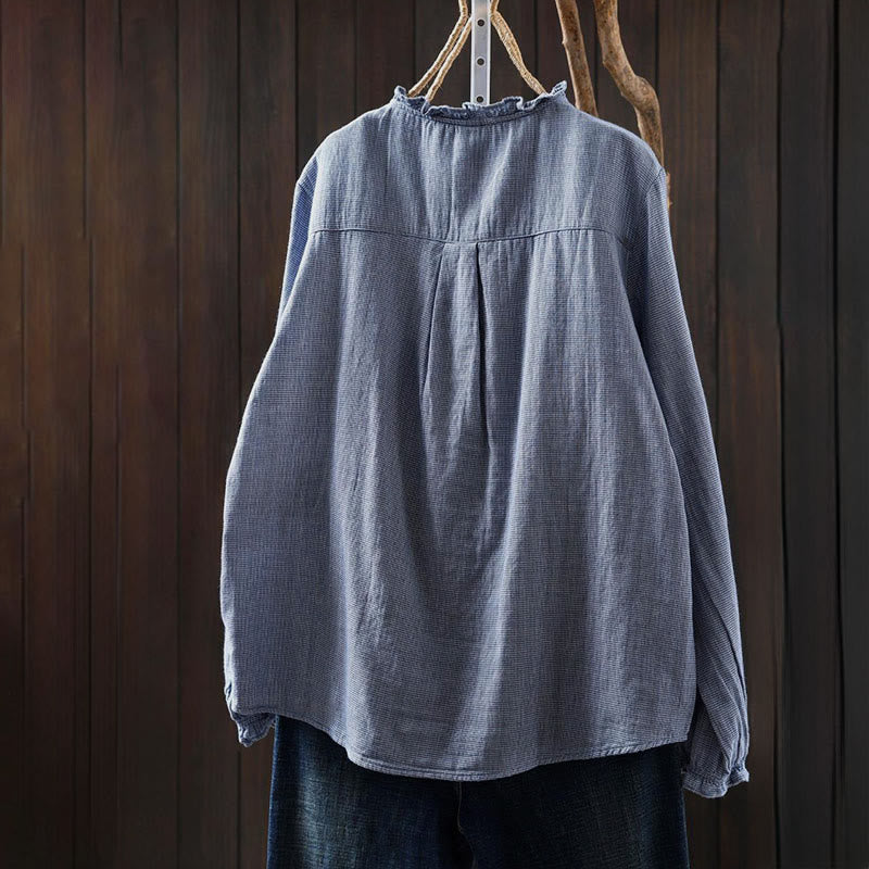 Buddha Stones Fall Small Plaid Button Down Ruffle Collar Long Sleeve Women's Cotton Shirt - image 2