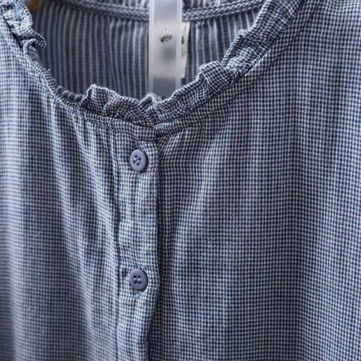 Buddha Stones Fall Small Plaid Button Down Ruffle Collar Long Sleeve Women's Cotton Shirt - image 4