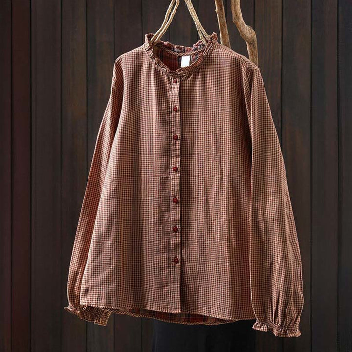 Buddha Stones Fall Tiny Plaid Button Down Ruffle Collar Long Sleeve Women's Cotton Shirt - image 1