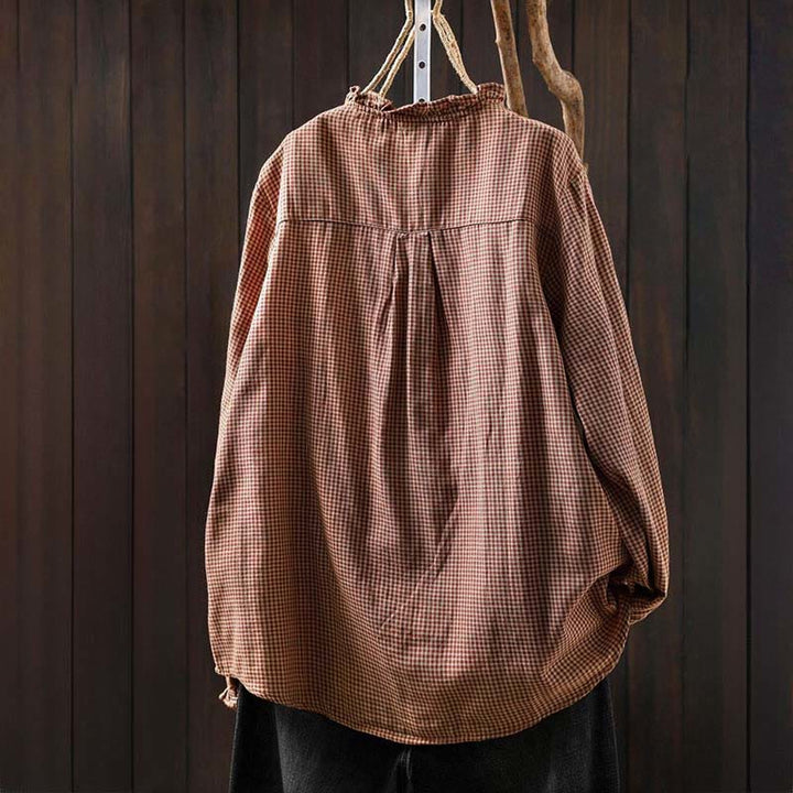 Buddha Stones Fall Tiny Plaid Button Down Ruffle Collar Long Sleeve Women's Cotton Shirt - image 2
