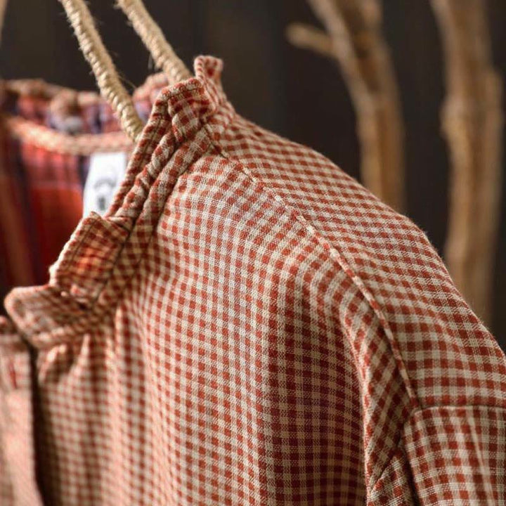 Buddha Stones Fall Tiny Plaid Button Down Ruffle Collar Long Sleeve Women's Cotton Shirt - image 6