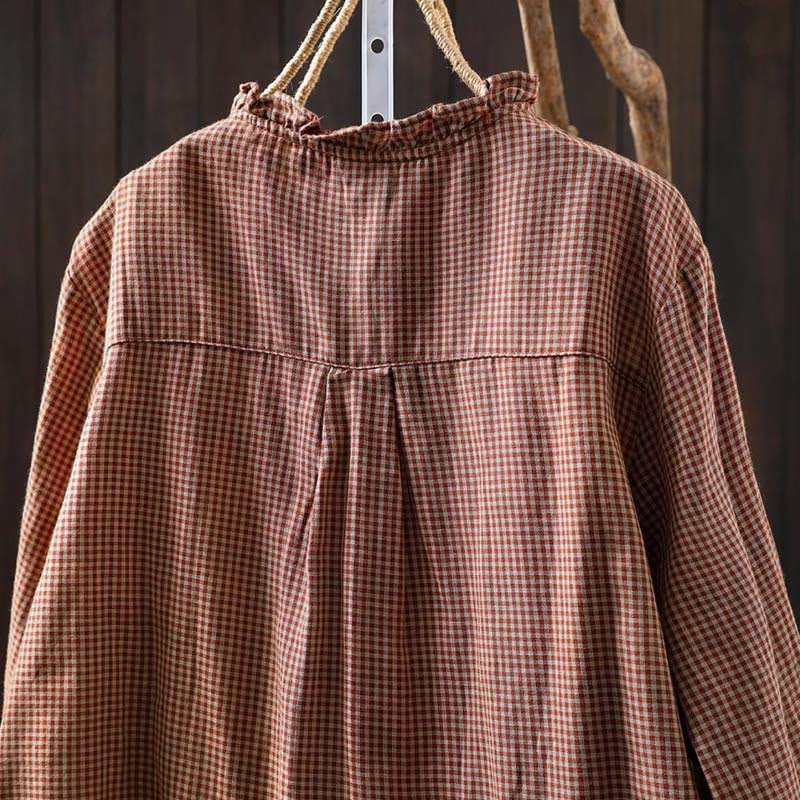 Buddha Stones Fall Tiny Plaid Button Down Ruffle Collar Long Sleeve Women's Cotton Shirt - image 4