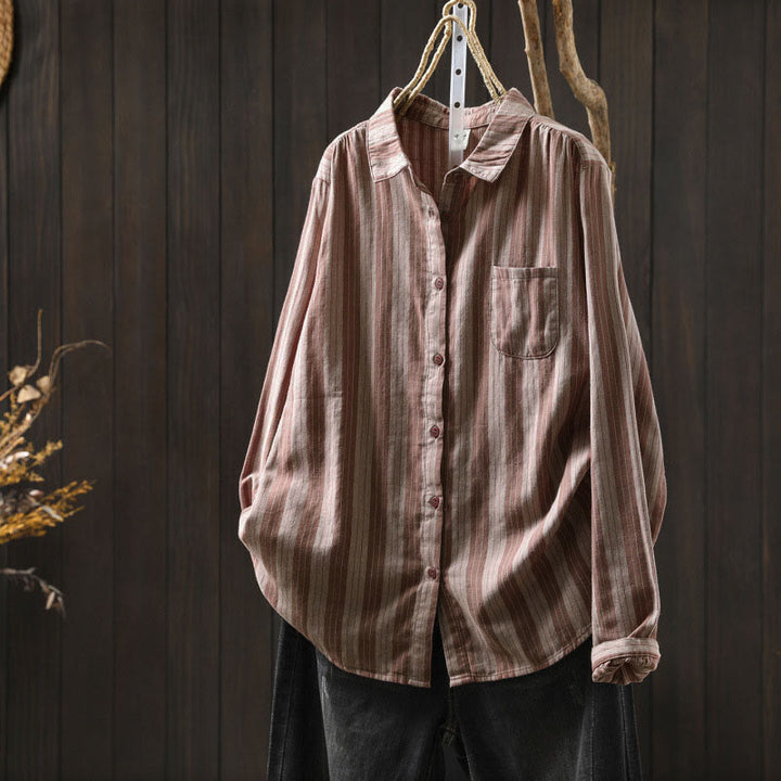 Buddha Stones Fall Vertical Stripes Button Down Stand Collar Long Sleeve Women's Cotton Shirt - IndianRed - US6，UK/AU10，EU38 (L) - image 13