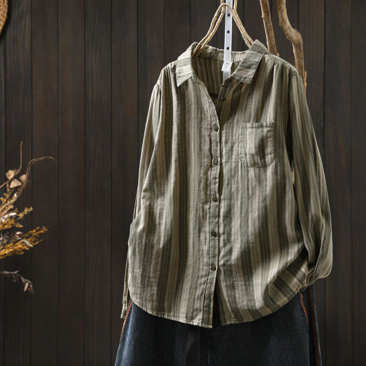 Buddha Stones Fall Vertical Stripes Button Down Stand Collar Long Sleeve Women's Cotton Shirt - DarkSeaGreen - US6，UK/AU10，EU38 (L) - image 25