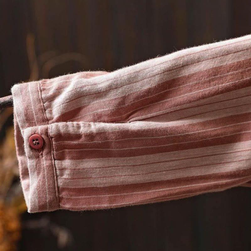 Buddha Stones Fall Vertical Stripes Button Down Stand Collar Long Sleeve Women's Cotton Shirt - image 22