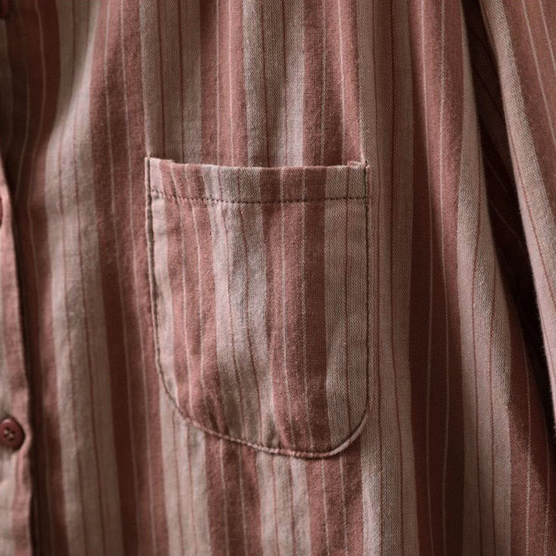 Buddha Stones Fall Vertical Stripes Button Down Stand Collar Long Sleeve Women's Cotton Shirt - image 16