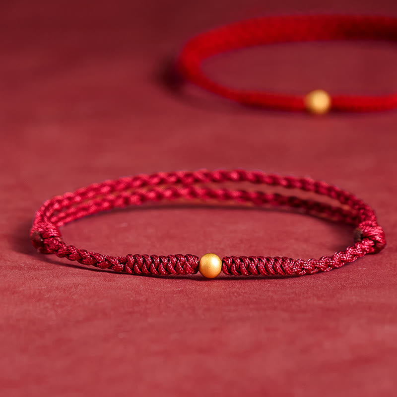 Buddha Stones 925 Sterling Silver Plated Gold Single Bead Strength Braided Red Rope Bracelet Anklet - Anklet(Circumference 18-30cm) - Dark Red - image 0