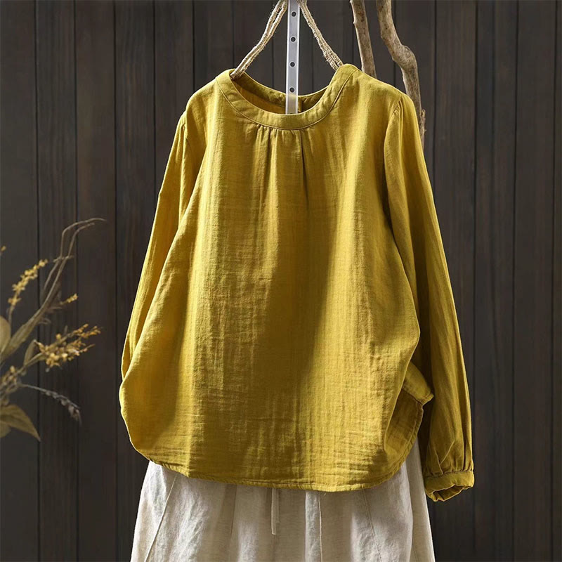 Buddha Stones Fall Crew Neck Back Button Down Design Long Sleeve Women's Cotton Shirt - Yellow - US6，UK/AU10，EU38 (L) - image 9