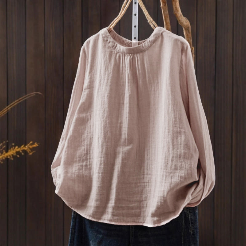 Buddha Stones Fall Crew Neck Back Button Down Design Long Sleeve Women's Cotton Shirt - Pink - US6，UK/AU10，EU38 (L) - image 0