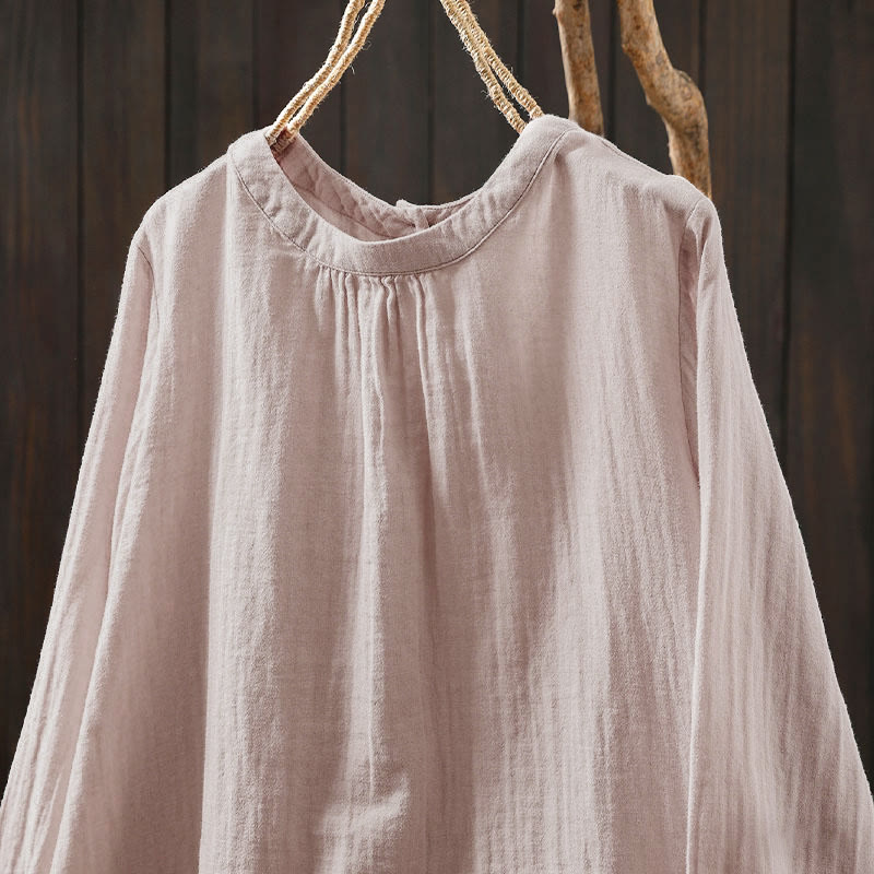 Buddha Stones Fall Crew Neck Back Button Down Design Long Sleeve Women's Cotton Shirt - image 3