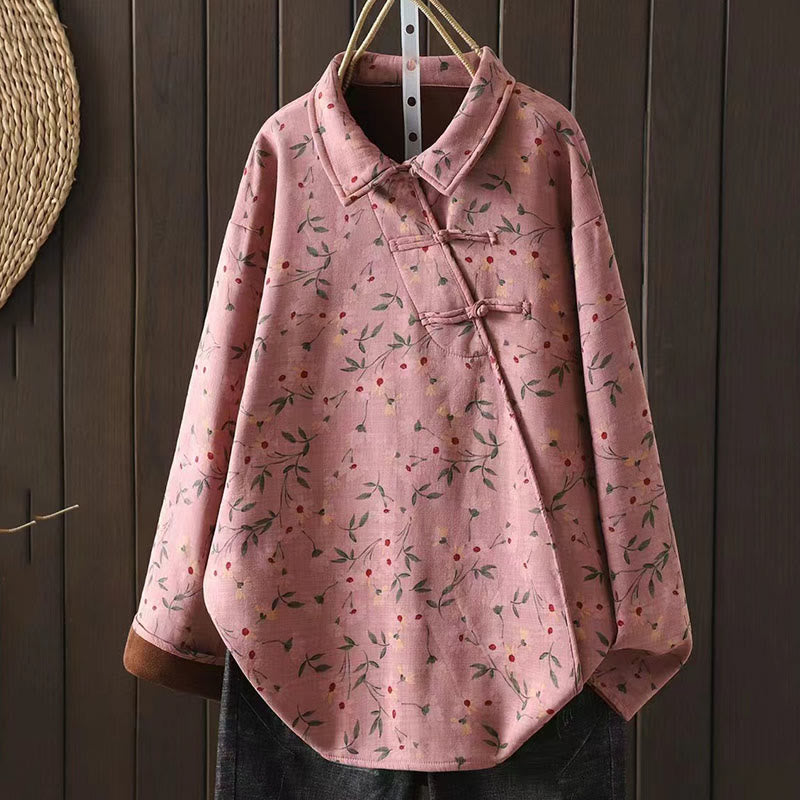 Buddha Stones Winter Flower Green Leaves Frog-Button Stand Collar Long Sleeve Women's Cotton Shirt - LightPink - US4-8/10，UK/AU8-12/14，EU36-40/42 (F) - image 3