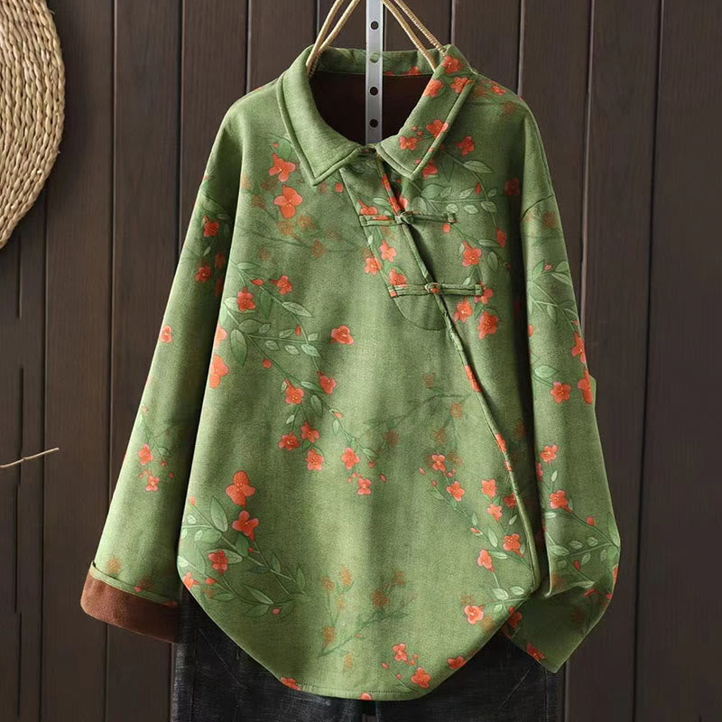 Buddha Stones Winter Flower Green Leaves Frog-Button Stand Collar Long Sleeve Women's Cotton Shirt - LightGreen - US4-8/10，UK/AU8-12/14，EU36-40/42 (F) - image 8