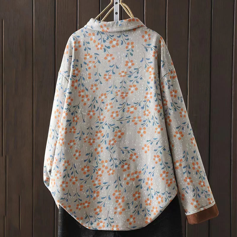 Buddha Stones Winter Flower Green Leaves Frog-Button Stand Collar Long Sleeve Women's Cotton Shirt - image 13