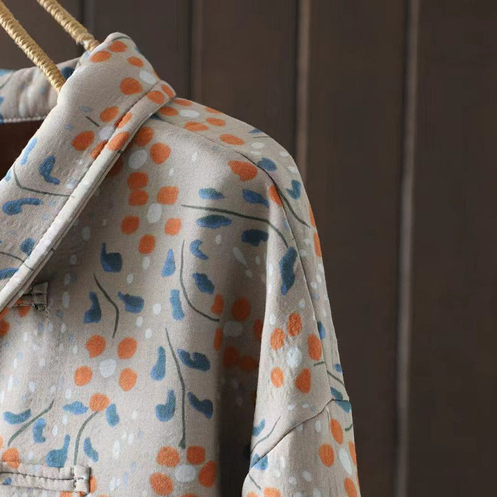 Buddha Stones Winter Flower Green Leaves Frog-Button Stand Collar Long Sleeve Women's Cotton Shirt - image 16