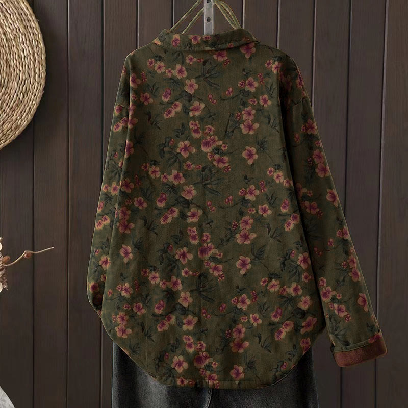 Buddha Stones Winter Flower Green Leaves Frog-Button Stand Collar Long Sleeve Women's Cotton Shirt - image 1