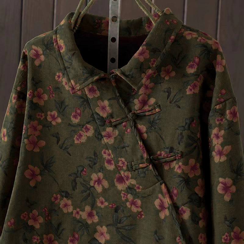 Buddha Stones Winter Flower Green Leaves Frog-Button Stand Collar Long Sleeve Women's Cotton Shirt - image 2