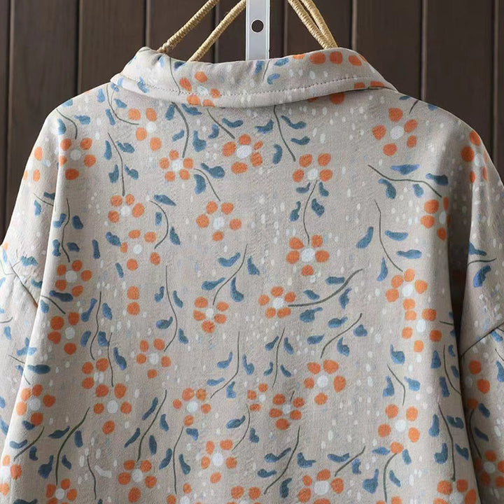 Buddha Stones Winter Flower Green Leaves Frog-Button Stand Collar Long Sleeve Women's Cotton Shirt - image 15