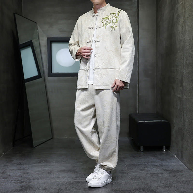 Buddha Stones 2Pcs Spring Dragon Bamboo Clouds Men's Tang Suit Frog-Button Cotton Long Sleeve Jacket Pants Set With Pockets - Linen - US/UK/AU46，EU56 (5XL) - image 0