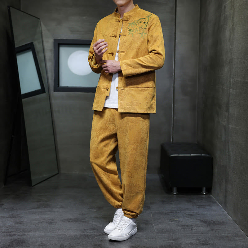 Buddha Stones 2Pcs Spring Dragon Bamboo Clouds Men's Tang Suit Frog-Button Cotton Long Sleeve Jacket Pants Set With Pockets - Gold - US/UK/AU46，EU56 (5XL) - image 8