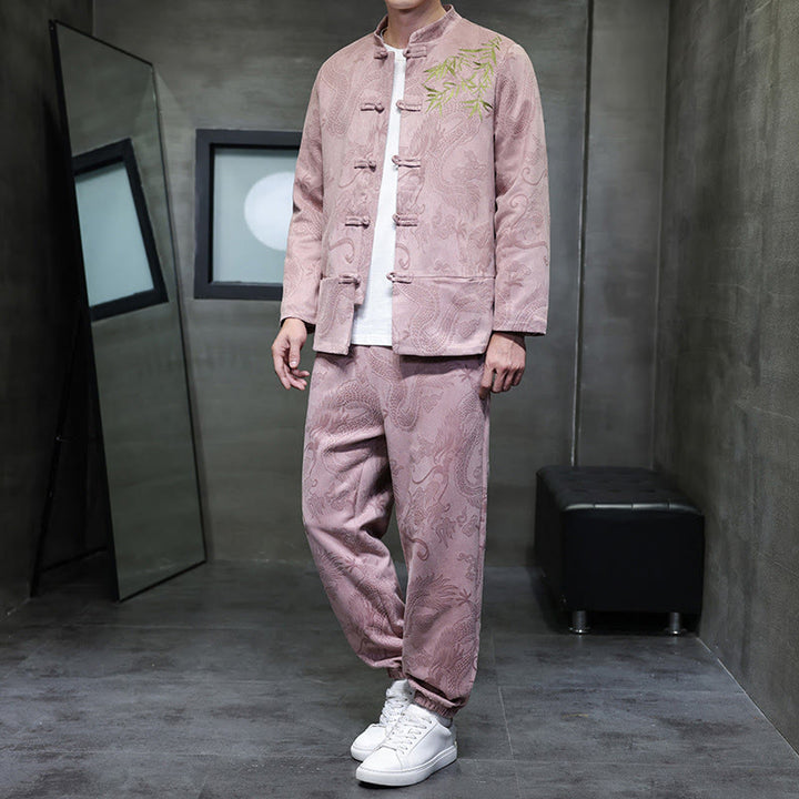 Buddha Stones 2Pcs Spring Dragon Bamboo Clouds Men's Tang Suit Frog-Button Cotton Long Sleeve Jacket Pants Set With Pockets - MistyRose - US/UK/AU46，EU56 (5XL) - image 30